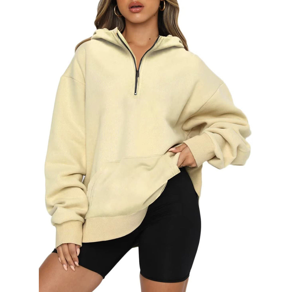 Damen Oversize Kapuzenpullover mit halbem Reißverschluss EB