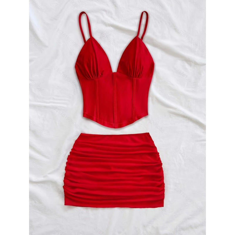 Damen Crop-Top und Mini-Rock Set mit raffinierten Raffungseffekten EB