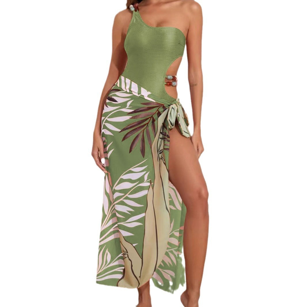 Damen Badeanzug-Set mit asymmetrischem Oberteil und elegantem Sarong EB