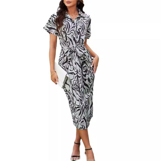 Damen Knotenkleid mit modischem Zebra-Print und schickem Hemdkragen EB