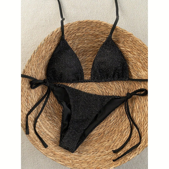 Damen Triangel-Bikini mit strukturierter Netzoptik und raffinierten Bindebändern EB