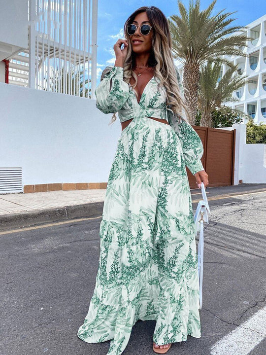 Damen Maxikleid mit elegantem V-Ausschnitt und verspieltem Rüschensaum EB