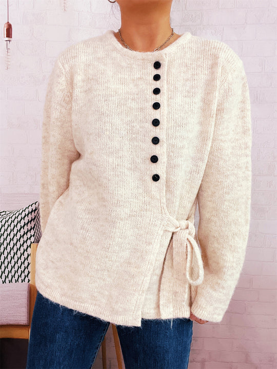Damen Kuschelige Strickjacke mit elegantem Bindegürtel und modernen Knopfdetails EB