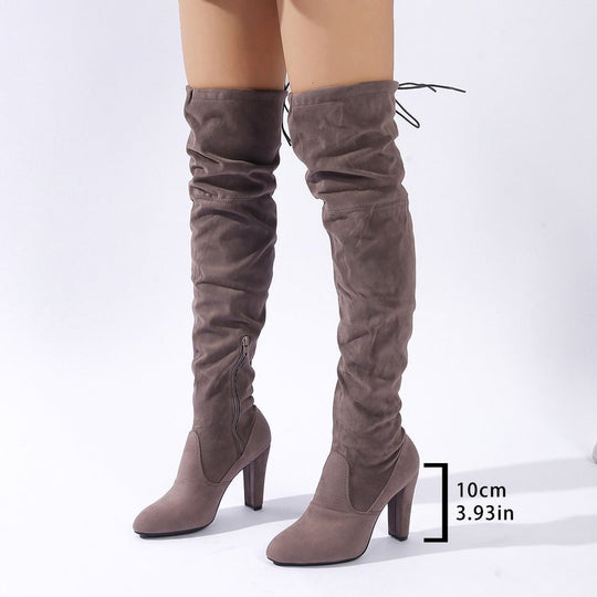 Damen Overknee-Stiefel aus Veloursleder mit hohem Blockabsatz und seitlichem Reißverschluss EB