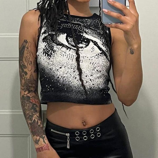 Damen Cropped Tanktop mit strahlendem Augenmotiv und glitzernden Akzenten EB