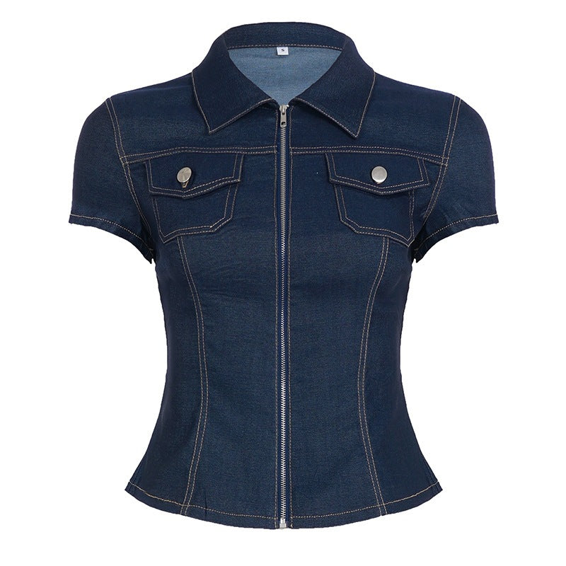 Damen Kurzarm Denim-Bluse mit modischer Zip-Detailierung und Brusttaschen EB