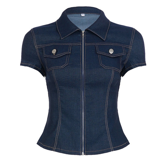 Damen Kurzarm Denim-Bluse mit modischer Zip-Detailierung und Brusttaschen EB
