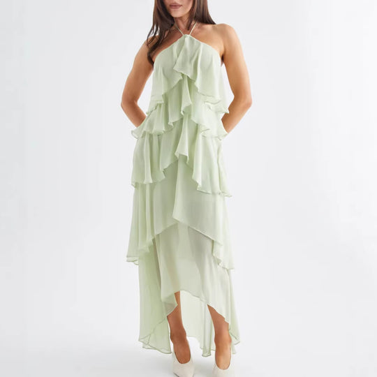 Damen Luftiges Chiffon-Maxikleid mit Rüschendetails und elegantem Halterneck EB
