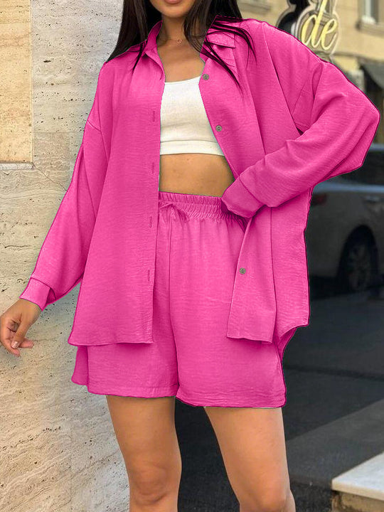Damen lässiges Kurzarm-Set mit geknöpfter Bluse und bequemen Shorts EB