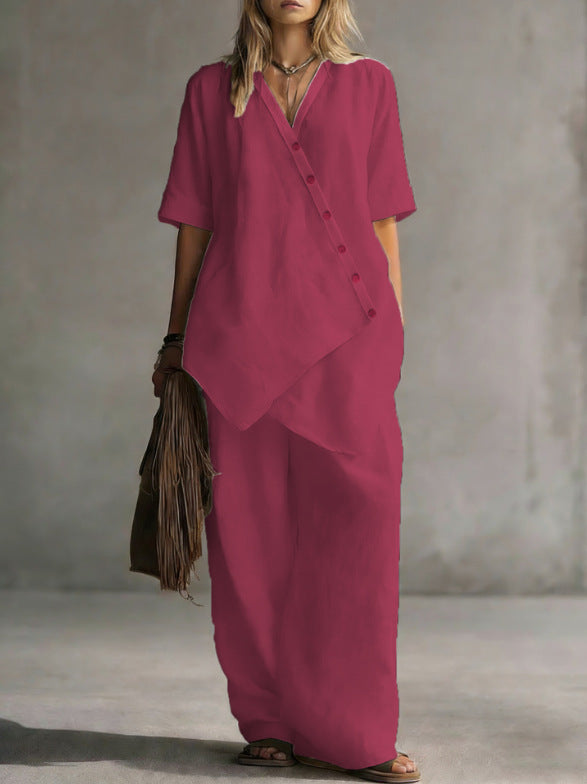 Damen Leinen-Zweiteiler mit asymmetrischer Knopfleiste und weiter Palazzo-Hose EB