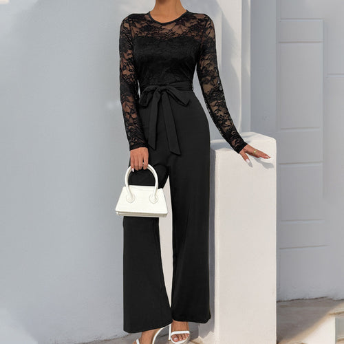 Damen Eleganter Jumpsuit mit Spitzenoberteil und tailliertem Bund EB