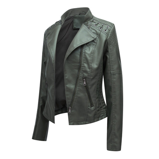 Damen nan taillierte Kunstleder-Bikerjacke mit gesteppter Schulterpartie, asymmetrischem Reißverschluss und Zierösen EB