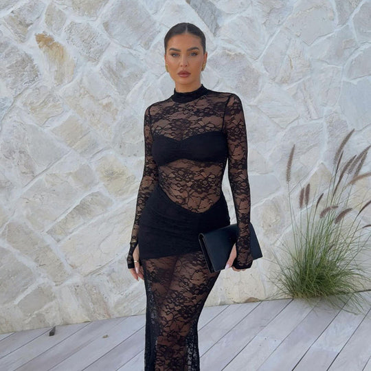 Damen Spitzenmaxikleid mit transparentem Langarmdesign und figurformendem Schnitt EB