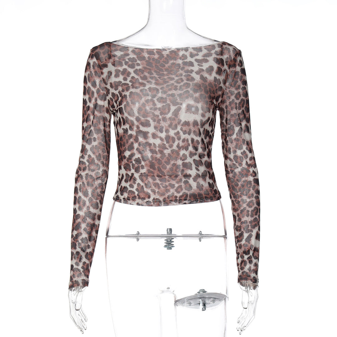 Damen Transparente Langarmbluse mit Leopardenmuster EB