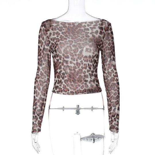 Damen Transparente Langarmbluse mit Leopardenmuster EB
