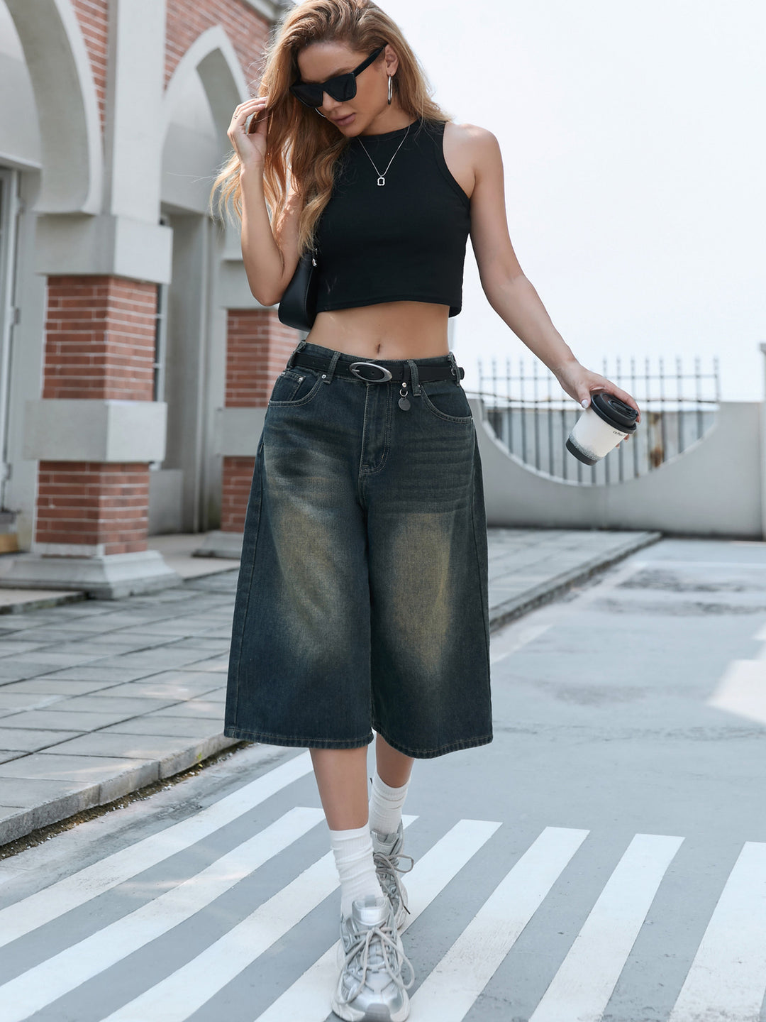 Damen Weite Denim-Culotte mit modischer Nackenbindung EB