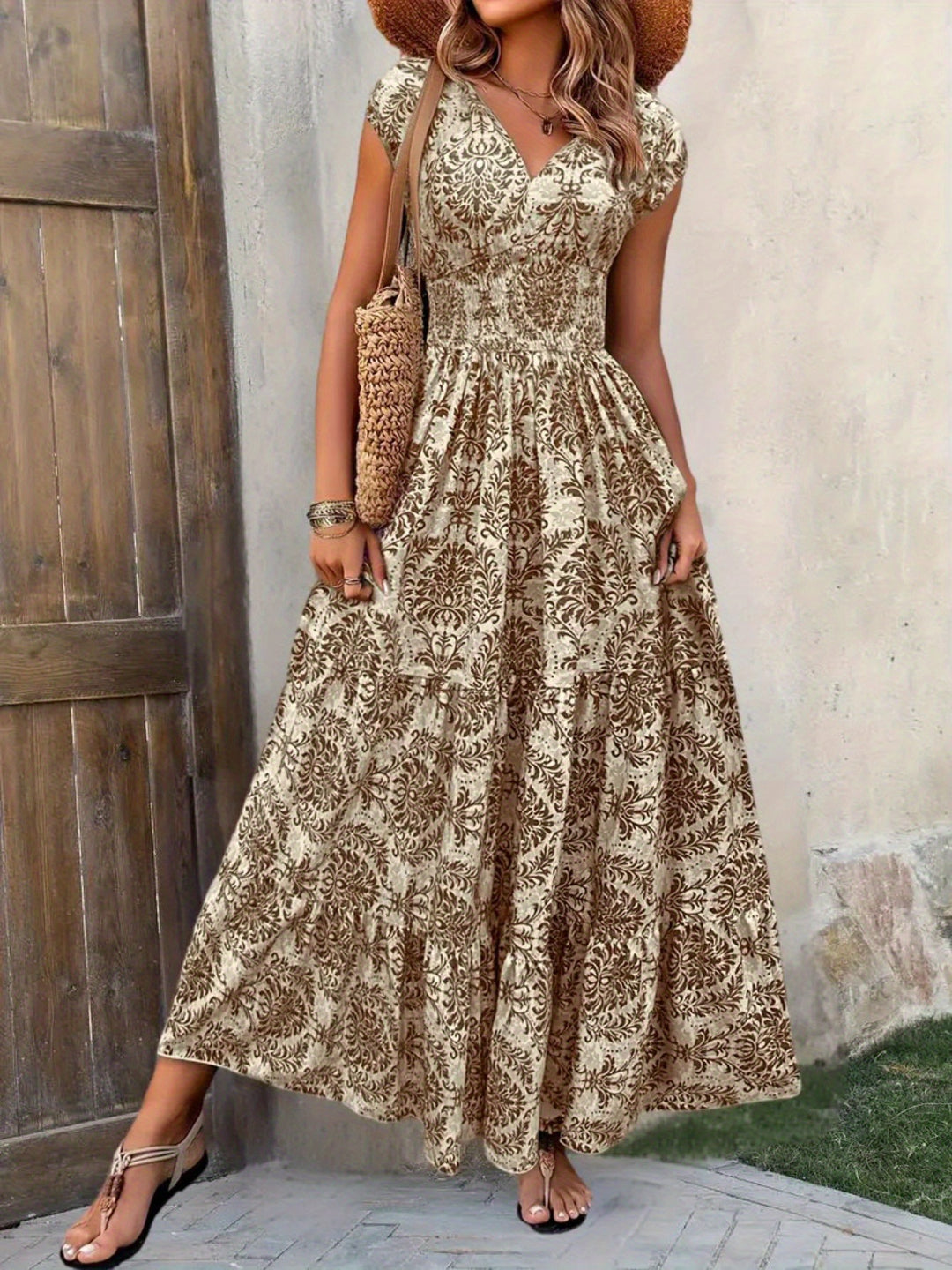 Damen Maxikleid mit romantischem Vintage-Muster und fließendem Schnitt EB