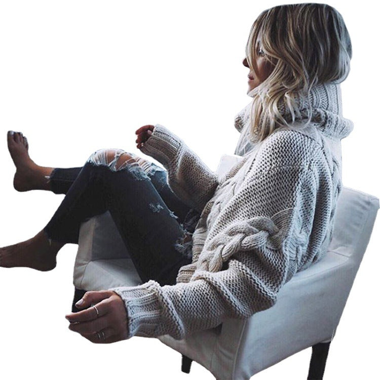 Damen Grobgestrickter Pullover mit hohem Kragen und Zopfdesign EB