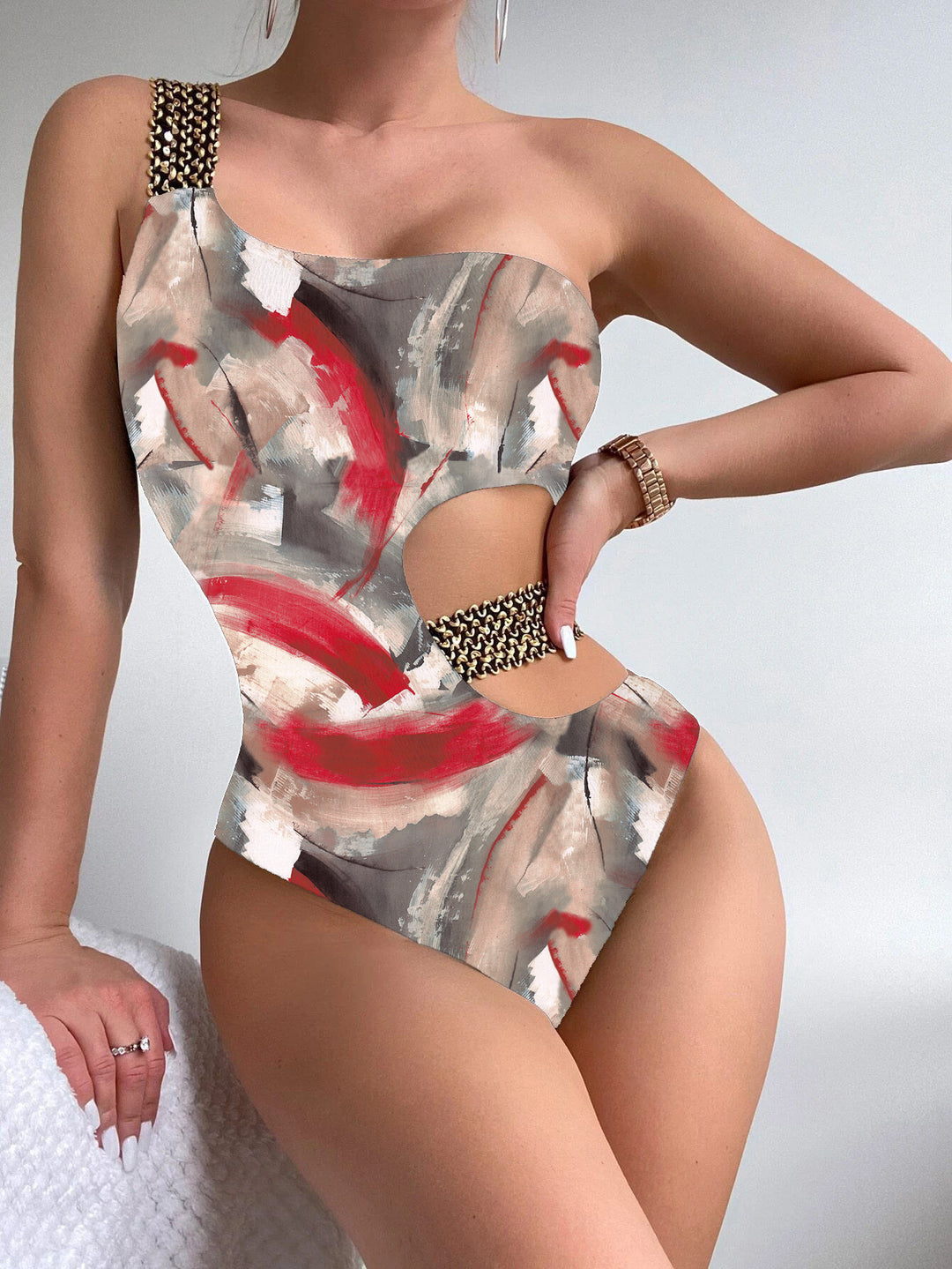 Damen Einteiliger Designer-Badeanzug mit asymmetrischem Schnitt und modischem Trägerriemen EB