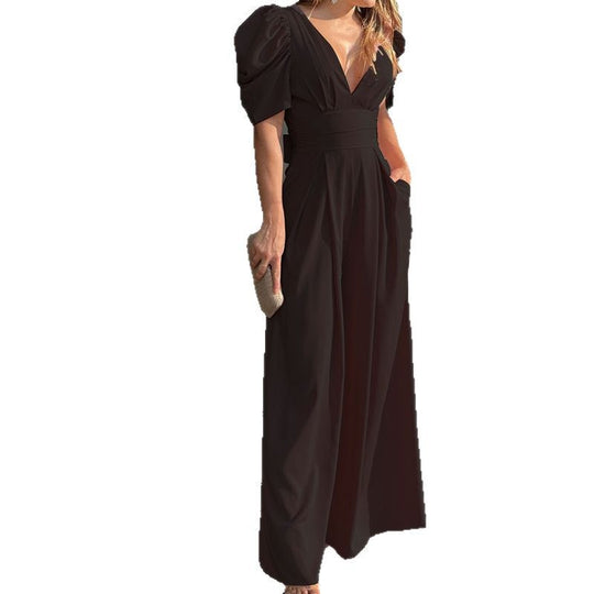 Damen Jumpsuit mit voluminösen Ärmeln und elegantem V-Ausschnitt EB