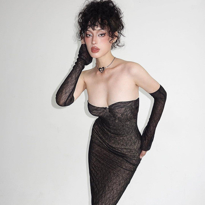 Damen figurbetontes Spitzenkleid mit schulterfreien Ärmeln und elegantem Design EB