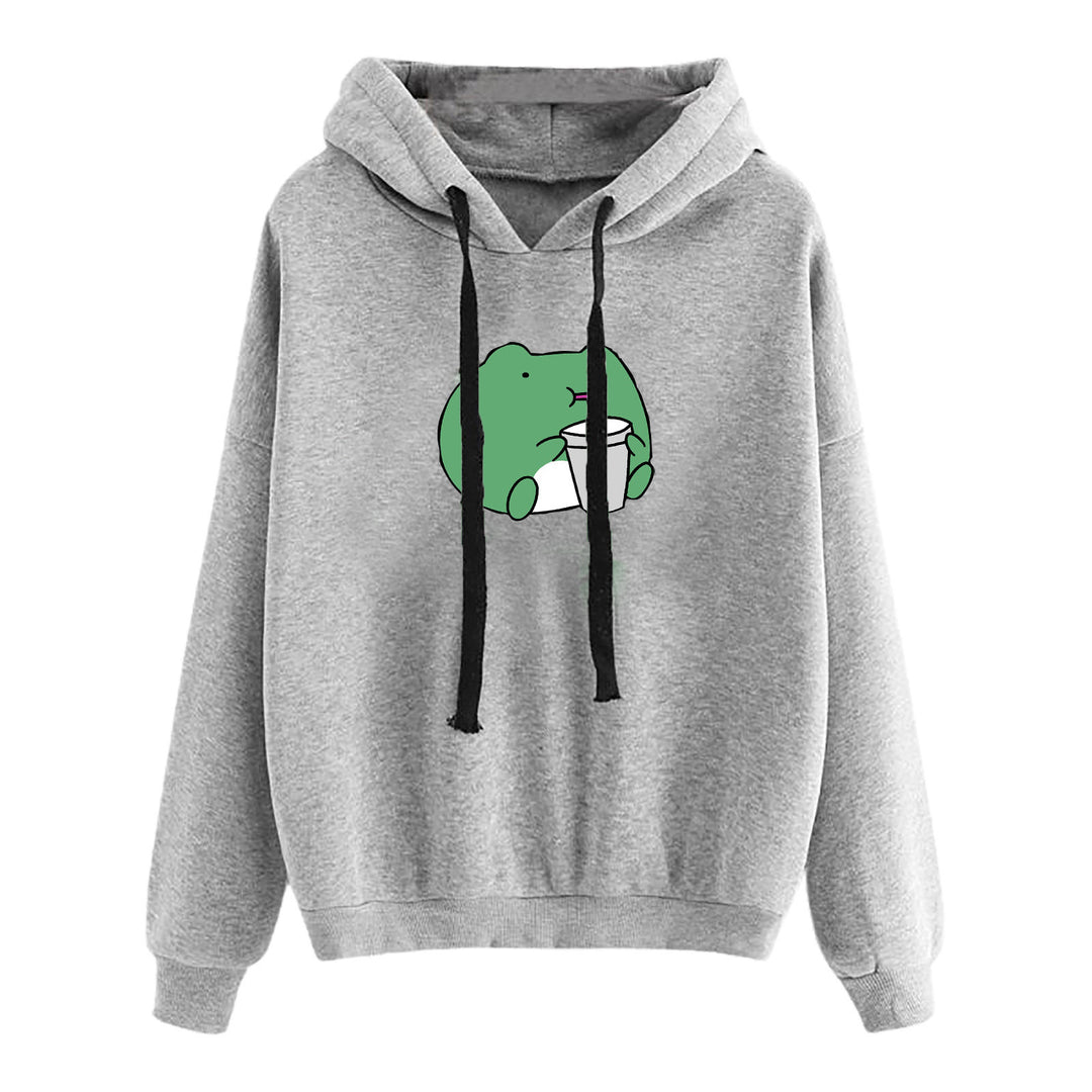 Damen nan kurz geschnittener Cropped-Kapuzenpullover mit niedlicher Frosch-Illustration und verstellbarer Kapuze EB