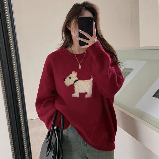 Damen Strickpullover mit süßem Dog-Motiv und bequemer Passform EB