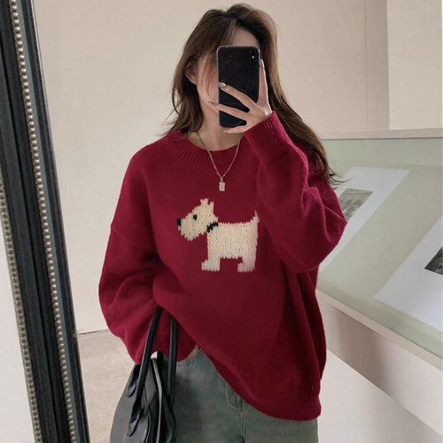 Damen Strickpullover mit süßem Dog-Motiv und bequemer Passform EB