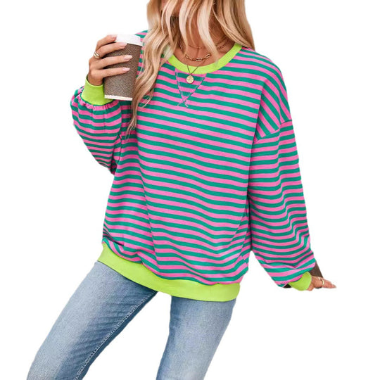 Damen Lässiger Sweatshirt mit bunten Streifen und weitem Schnitt EB
