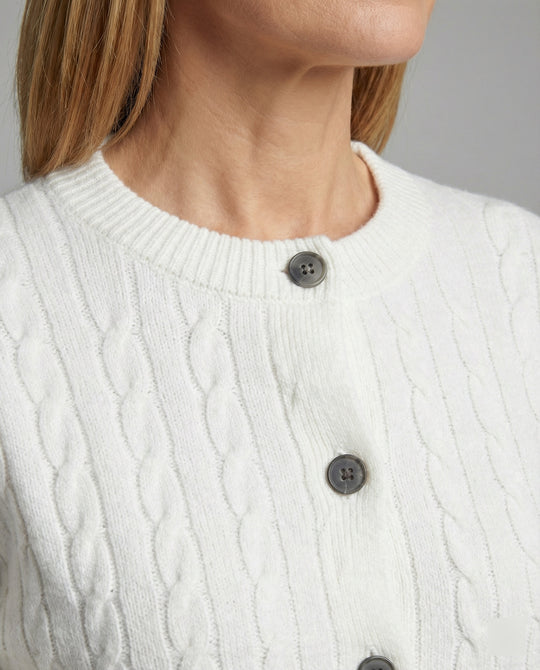 Damen grobgestrickter Zopfmuster-Cardigan mit Ballonärmeln, Rippenbündchen und dekorativer Knopfleiste EB