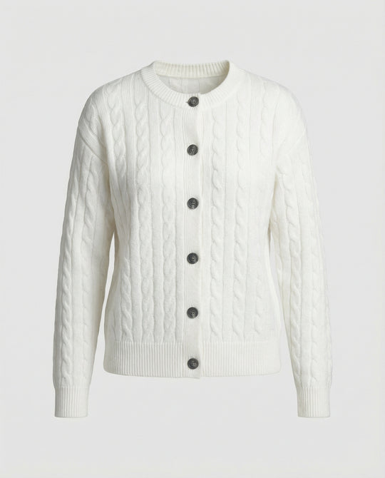 Damen grobgestrickter Zopfmuster-Cardigan mit Ballonärmeln, Rippenbündchen und dekorativer Knopfleiste EB