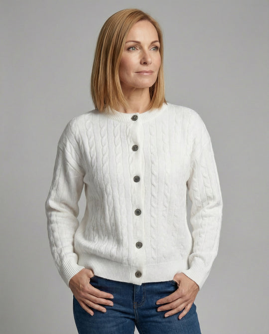 Damen grobgestrickter Zopfmuster-Cardigan mit Ballonärmeln, Rippenbündchen und dekorativer Knopfleiste EB