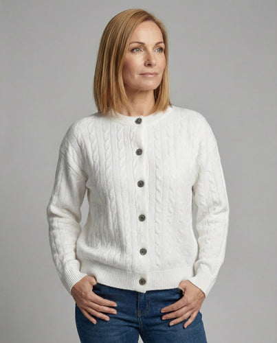 Damen grobgestrickter Zopfmuster-Cardigan mit Ballonärmeln, Rippenbündchen und dekorativer Knopfleiste EB