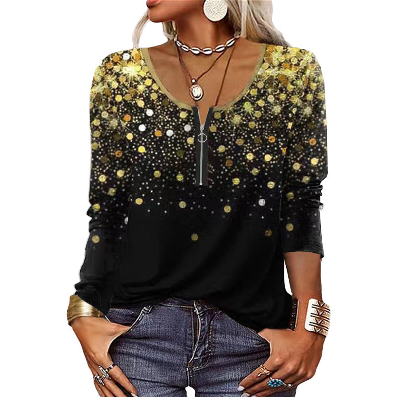 Damen Langarmshirt mit schimmerndem Glitzerdetail und halsfernem Reißverschluss EB