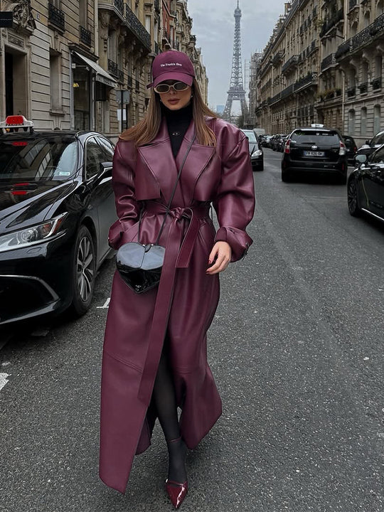 Damen elegante Kunstlederjacke mit voluminösen Ärmeln und Taillengürtel EB