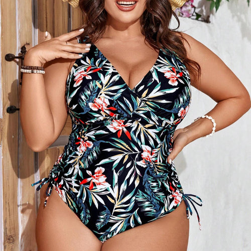 Damen Einteiler Badeanzug mit floralem Wickeldesign und figurformenden Raffungen EB
