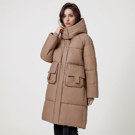 Damen gesteppter Langmantel mit wärmender Kapuze und praktischen Taschen EB