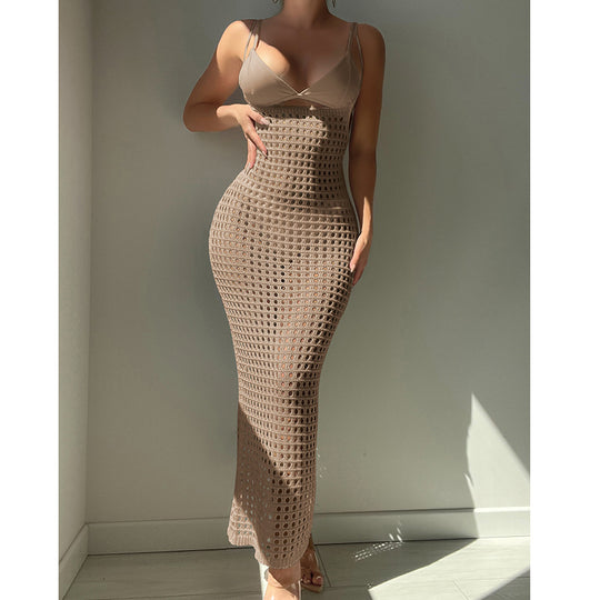 Damen figurbetontes Häkelkleid mit transparentem Design EB