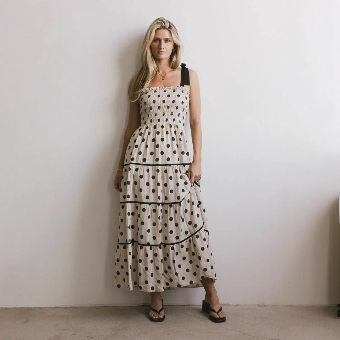 Damen Maxikleid mit dekorativen Punkten und schulterfreiem Design EB