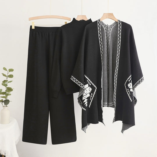 Damen Strick-Loungewear-Set mit außergewöhnlichem Poncho-Stil EB