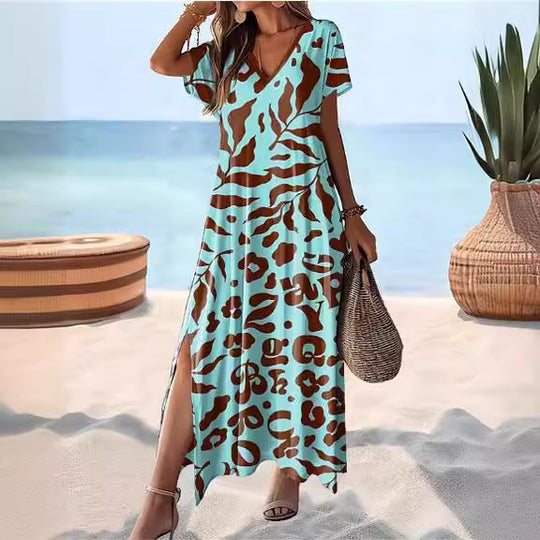 Damen Maxikleid mit tierischem Muster und seitlichem Schlitz EB