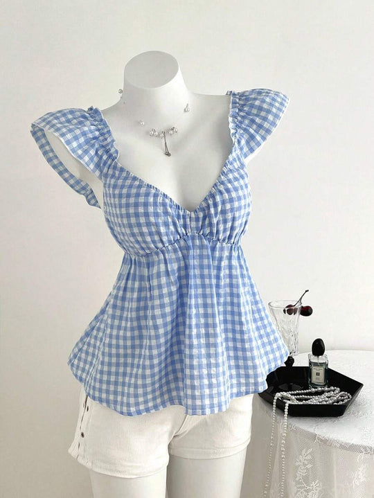 Damen luftige V-Ausschnitt Bluse mit Rüschendetails EB
