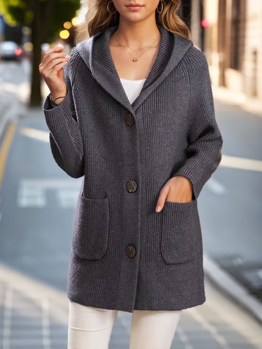 Damen nan lange gerippte Kapuzen-Strickjacke mit aufgesetzten Taschen und markanten Knöpfen EB