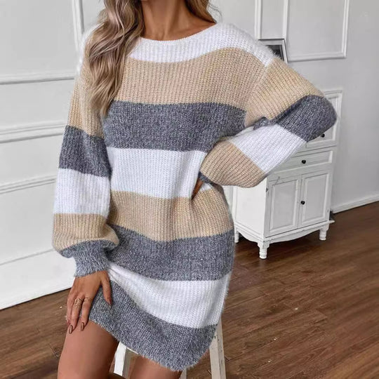 Damen gestreiftes Strickkleid mit weitem Schnitt EB