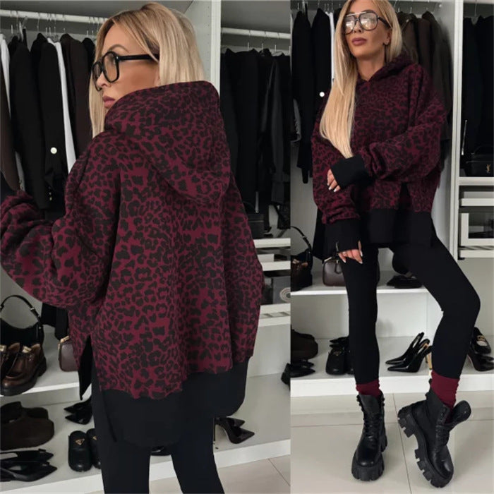 Damen nan oversized Kapuzenpullover mit Leopardenprint, kontrastbündchen und verlängertem Rückensaum EB