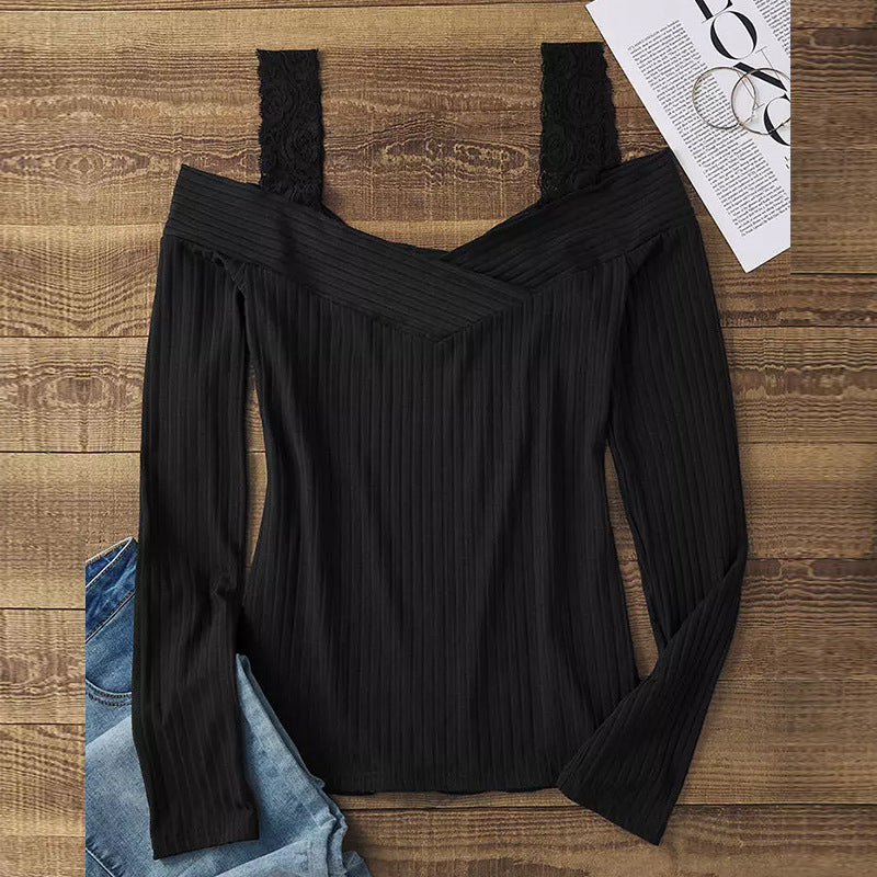 Damen Schulterfreies Langarmshirt mit V-Ausschnitt und Spitzen-Trägern EB