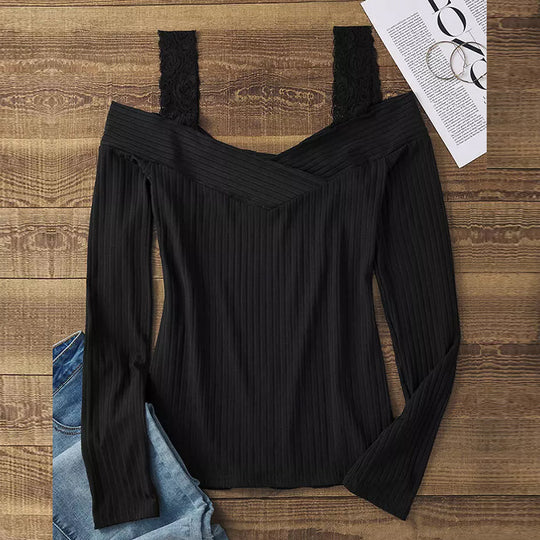 Damen Schulterfreies Langarmshirt mit V-Ausschnitt und Spitzen-Trägern EB
