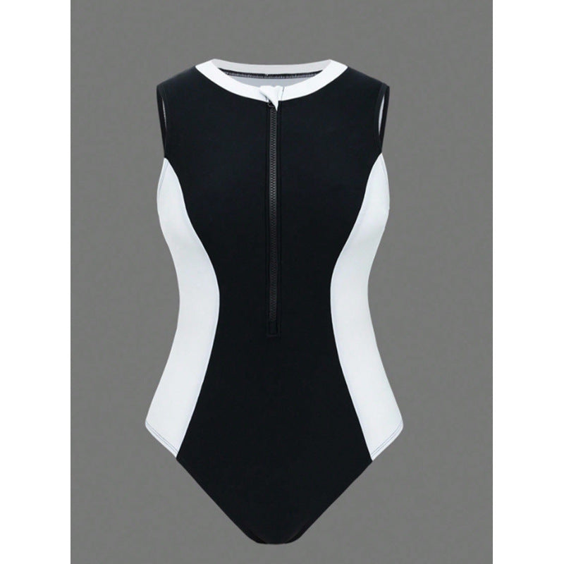 Damen Sportlicher One-Piece Badeanzug mit Reißverschluss und Farbakzenten EB