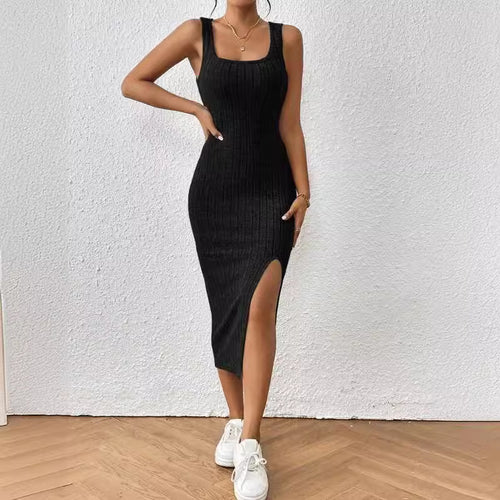 Damen figurbetontes Maxikleid mit hohem Schlitz und dekorativem Rippenmuster EB