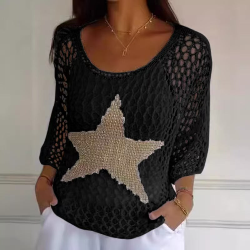 Damen nan oversized gehäkelter Pullover mit Sternapplikation und 3/4-Ärmeln EB